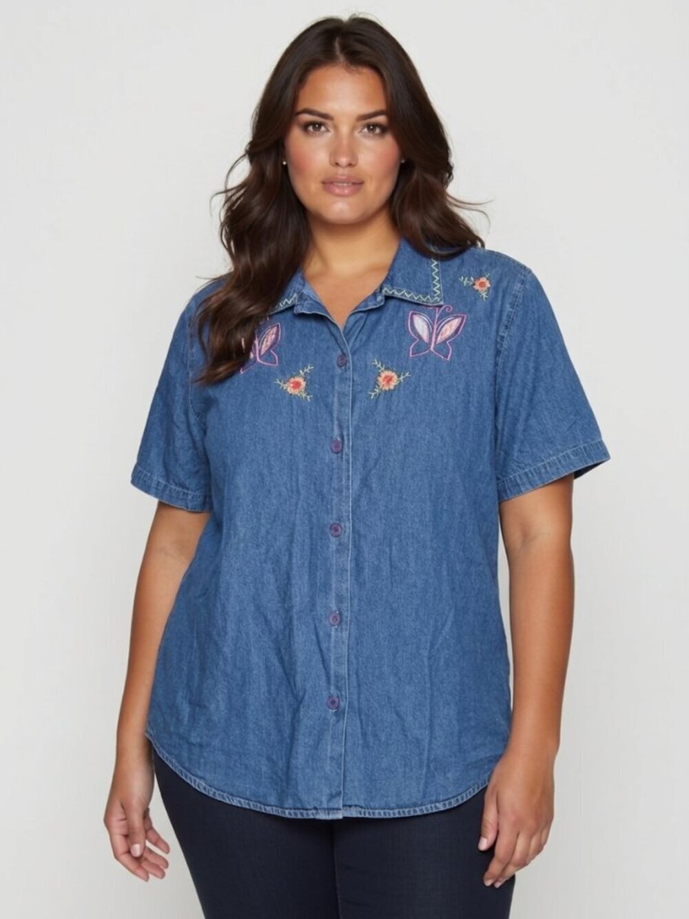 Vintage Denim Embroidered 90s Y2K Short Sleeve Button Down Shirt Jacket